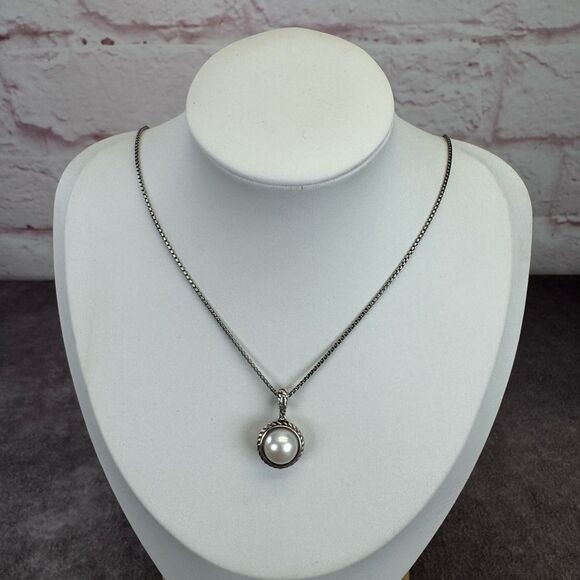 David Yurman Cable Silver Pearl Pendant Necklace - Picture 1 of 10